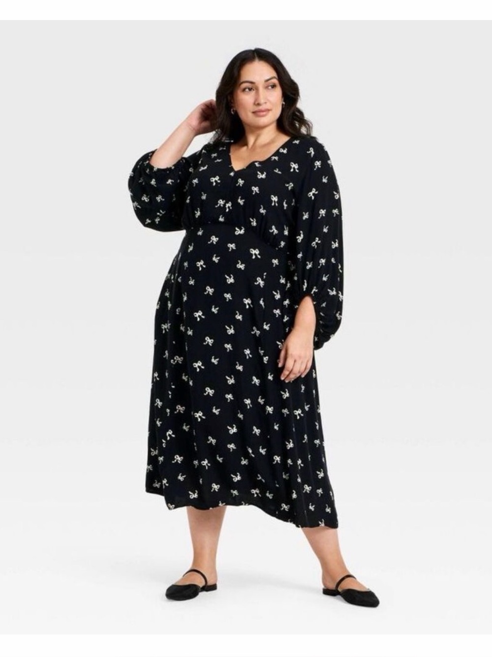 Women's Bishop Long Sleeve Midi A-Line Dress - Ava & Viv Black/Cream Bow 1X